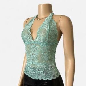 Fredericks of Hollywood lace halter tank top mint blue